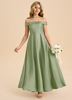 Azazie Sissy Junior Robe Trapèze en Satin extensible Épaule décolletée Vert Sauge image1