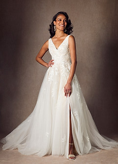 Azazie Joie At-home Try On Dresses Diamond White Champagne A-Line V-Neck Sequins Tulle Dress image1
