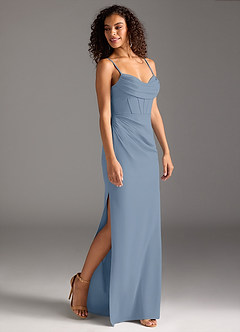 Azazie Mai Final Sale Dusty Blue Sheath Pleated Stretch Crepe Dress image3