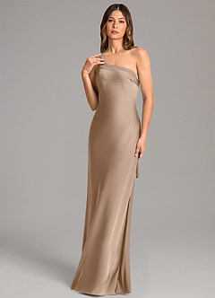 Azazie Monroe Bridesmaid Dresses Taupe Mermaid One Shoulder Stretch Satin Dress image1