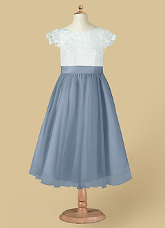 Azazie Vetty Flower Girl Dresses Ivory Dusty Blue A-Line Lace Tulle Dress image12