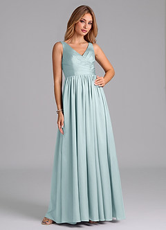 Azazie Keyla Bridesmaid Dresses Mist A-Line Pleated Stretch Satin Dress image5