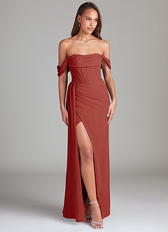 Azazie Amyra Bridesmaid Dresses Terracotta Sheath Off the Shoulder Chiffon Convertible Dress image4