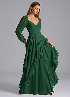 Azazie Karan Bridesmaid Dresses Dark Green A-Line Long Sleeve Chiffon Dress image4