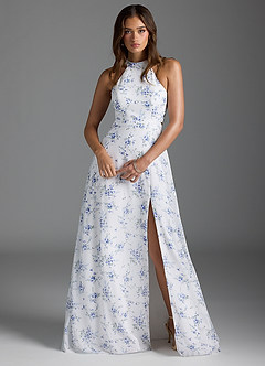 Azazie Clarice Bridesmaid Dresses Blue Cottage Floral A-Line Halter Chiffon Dress image2