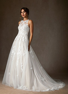 Azazie Melrose Wedding Dresses Diamond White A-Line Sweetheart Lace Tulle Dress image9