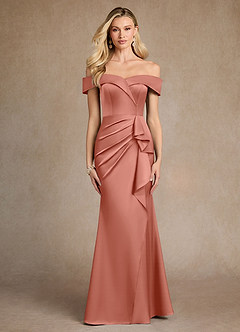 Azazie Laredo Mother of the Bride Dresses Salmon Pink Mermaid Off the Shoulder Stretch Satin Dress image1