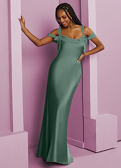 Barbie ♥ Azazie Final Sale Eucalyptus Sheath Pleated Stretch Satin Dress image5