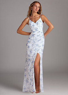 Azazie Leo Bridesmaid Dresses Blue Cottage Floral Mermaid V-Neck Pleated Chiffon Dress image3