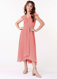 Azazie Posie Junior Coral A-Line Ruched Chiffon Dress image4