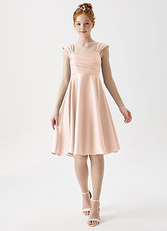 Azazie Amira Junior A-Linie Plissee Stretch-Satin Kleid Zartrosa image1