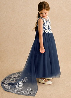 Azazie Mixie Flower Girl Dresses Dark Navy Ball-Gown Lace Dress image3