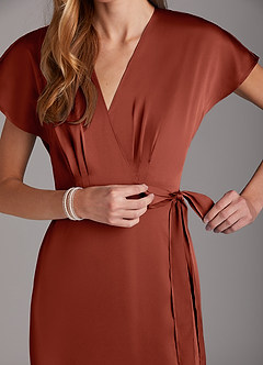 Azazie Nico Bridesmaid Dresses Terracotta A-Line V-Neck Stretch Satin Dress image7