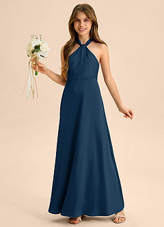 Azazie Beah Junior Robe Trapèze en Satin extensible Plissée Bleu Marine Foncé image3