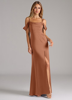 Azazie Callan Bridesmaid Dresses Bronzer A-Line Pleated Stretch Satin Convertible Dress image4