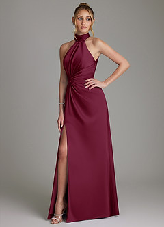 Azazie Gracelynn Bridesmaid Dresses Mulberry Sheath Pleated Stretch Satin Dress image6