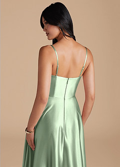 Azazie Elle Bridesmaid Dresses Matcha A-Line with Pockets Metallic Satin Dress image4
