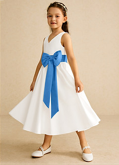 Azazie Darling Flower Girl Dresses Ivory Blue Jay A-Line Bow Cotton Dress image3