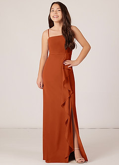 Azazie Kaylee Junior Burnt Orange A-Line with Belt Chiffon Dress image4