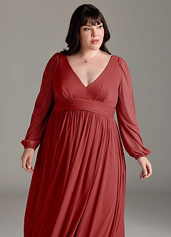 Azazie Norah Bridesmaid Dresses Rust A-Line V-Neck Long Sleeve Chiffon Dress image12