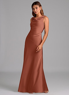 Azazie Nerine Vestidos de madrinha de casamento Vestido Castanho Aloirado de Cetim elástico de Linha A com Plissado image4