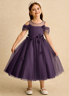 Azazie Juni Flower Girl Dresses Plum Ball-Gown Pleated Tulle Dress image1
