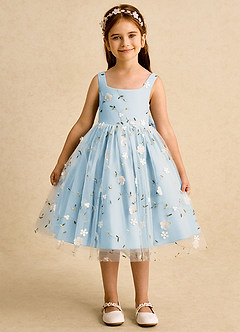 Azazie Bean Flower Girl Dresses Sky Blue Ball-Gown Sleeveless Tulle Dress image1