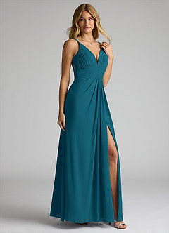Azazie Maren Allure Brautjungfernkleider A-Linie V-Hals Spitze Chiffon Kleid Tintenblau image4