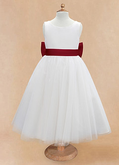 Azazie Kavi Flower Girl Dresses Ivory Burgundy A-Line Bow Matte Satin Dress image7