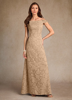 Azazie Moore Champagne A-Line Boatneck Floral Burnout Dress Ready
