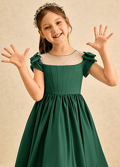 Azazie Toffee vestidos de niña de las flores Vestido de Verde Oscuro de Satin Mate de Corte Princesa con Lazo image6