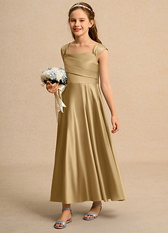 Azazie Bundle Girls Formal Flower Girl Dresses Gold A-Line Pleated Matte Satin Dress image5