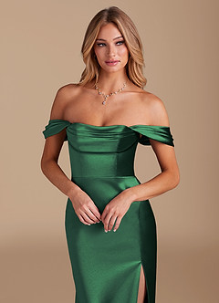 Azazie Saige Brautjungfernkleider Wandelbar A-Linie Schulterfrei Metallischer Satin Kleid Dunkelgrün image3