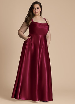 Azazie Shaude Bridesmaid Dresses Burgundy A-Line Pleated Metallic Satin Dress image12
