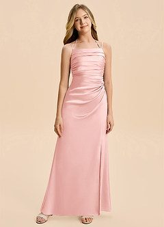 Azazie Nova Junior Powder Pink Sheath Pleated Stretch Satin Dress image6