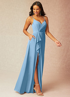 Azazie Kyedae Abiti da Damigella Abito A-Line in Chiffon con Scollo a V a Pieghe Blu Acciaio image3