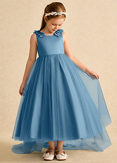 Azazie Lorita Robe Demoiselle D'honneur Fillette Robe Trapèze en Tulle Perlé Acier Bleuté image5