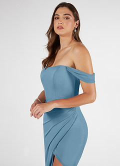 Azazie Kit Bridesmaid Dresses Steel Blue Mermaid Off the Shoulder Mesh Dress image5