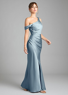Azazie Madelyn Bridesmaid Dresses Dusty Blue Mermaid One Shoulder Stretch Satin Convertible Dress image5