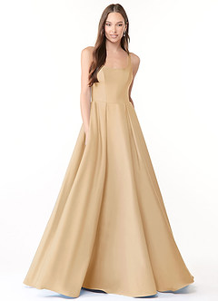 Azazie Neve Vestidos de damas de honor Vestido de Oro de Satén Elástico de Corte Princesa con Con bolsillos image1