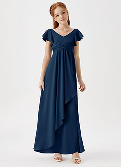 Azazie Omari Junior Dark Navy A-Line Pleated Stretch Satin Dress image3