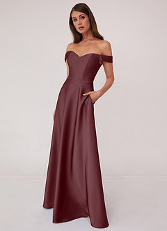 Barbie ♥ Azazie Robes de demoiselle d'honneur Robe Trapèze Convertible en Satin extensible Épaule décolletée Sangria image4