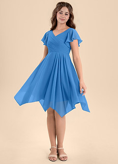 Azazie Janeaurelia Junior Abito A-Line in Chiffon Plissettato Blue Jay image4