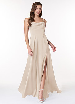 Azazie Clove Final Sale English Rose A-Line Cowl Neckline Side Slit Stretch Satin Dress image3