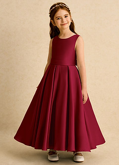 Azazie Mapel vestidos de niña de las flores Vestido de Borgoña de Satin Mate de Princesa con Plisado image3