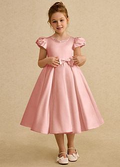 Azazie Pearl Flower Girl Dresses Rosette Ball-Gown Pleated Matte Satin Dress image1