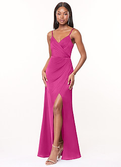 Azazie Maci Bridesmaid Dresses Fuchsia A-Line V-Neck Pleated Stretch Satin Dress image3