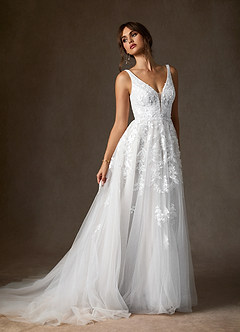 Azazie Sorella Wedding Dresses Diamond White A-Line V-Neck Sequins Tulle Dress image4