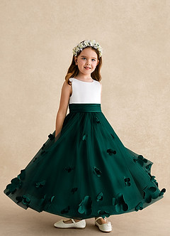 Azazie Vi Robe Demoiselle D'honneur Fillette Robe Trapèze en Tulle Sans manches Vert Pin image8