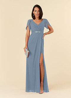 Azazie Marianne Mother of the Bride Dresses Dusty Blue Sheath V-Neck Pleated Chiffon Dress image1